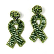 Load image into Gallery viewer, Handmade green beaded ribbon earrings adorned with shimmering rhinestones, perfect for awareness events and meaningful gifts.