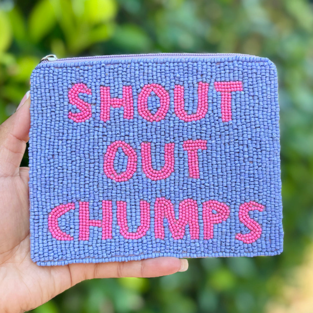 A beaded pouch with blue beads and bold pink text reading 