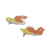 Load image into Gallery viewer, Beaded shrimp dangle earrings featuring citrus-inspired lemon tops and intricate handcrafted embroidery details.
