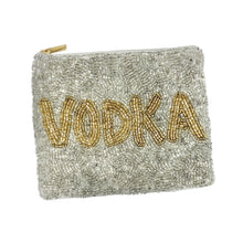 Load image into Gallery viewer, Silver beaded pouch with &#39;VODKA&#39; in gold letters on a white background