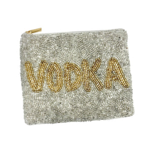 Silver beaded pouch with 'VODKA' in gold letters on a white background