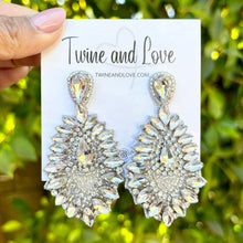 Load image into Gallery viewer, custom beaded Earrings, clear jeweled Earrings, white Beaded Earrings, boho earrings, silver jeweled earrings, handmade earrings, custom earrings, party accessories, fancy accessories, silver white embellished earrings, custom earrings, best friend gifts, birthday gifts, bohemian earrings, luxurious handmade accessories, night jewelry, Fancy earrings, boho earrings, beaded earrings, Fancy jeweled earrings, statement earrings, best selling items, statement earrings, handmade gifts, custom gifts