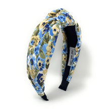 Load image into Gallery viewer, Lightweight floral statement headband with romantic blue blossom print and comfortable knotted silhouette.