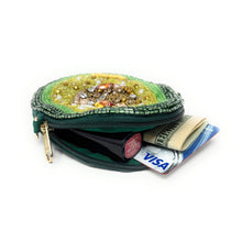 Load image into Gallery viewer, A beaded pouch shaped like an avocado half, with green and brown beads depicting the fruit and seed, creating a vibrant, textured design.