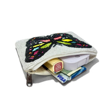 Load image into Gallery viewer, Butterfly-themed coin purse with money and cards on a white background