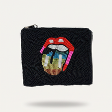 Load image into Gallery viewer, A black beaded zip pouch featuring a colorful beaded Rolling Stones tongue logo on the front, set against a light off-white background.
