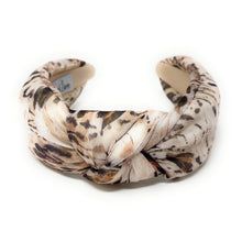 Load image into Gallery viewer, Elegant beige headband with abstract brown print and knot detail