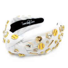 Load image into Gallery viewer, A white fabric headband adorned with softball charms and sparkling white jewels.