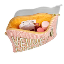 Load image into Gallery viewer, Elegant blush pink zip pouch adorned with pearl embroidery and champagne celebration artwork.