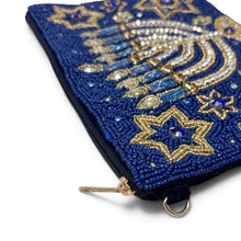 Load image into Gallery viewer, Close-up of the detailed hand-beaded menorah, gold accents, and blue rhinestones on a Hanukkah pouch.