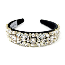 Load image into Gallery viewer, Luxurious black headband adorned with sparkling crystals and pearls in floral patterns, conveying elegance and glamour