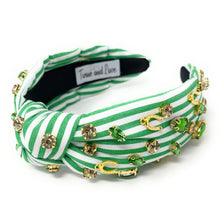 Load image into Gallery viewer, headbands for women, white green knotted headband, headband style, top knot headband, green top knot headband, lucky charm jeweled headband, lucky charm hair band, green Jeweled knot headband, St Patrick’s Jeweled headband, top knotted headband, hand bead knotted headband, Clover leaf hair band for women, St Patrick’s Embellished headband, statement headbands, embellished headband, chic headband, clover leaf knot headband, st paddy’s headband, green hair accessories, four leaf clover headband