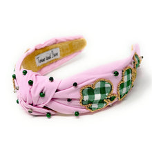 Load image into Gallery viewer, Pink headband with green checkered and bead details on a white background