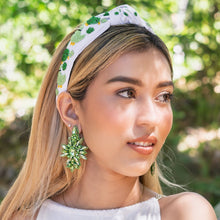 Load image into Gallery viewer, headbands for women, green knotted headband, headband style, top knot headband, green top knot headband, lucky charm headband, lucky charm hair band, green knot headband, top knotted headband, St Patrick’s headband, handmade headbands, top knotted headband, hand bead knotted headband, Clover leaf hair band for women, Hand bead St. Patrick’s headband, statement headbands, embellished headband, chic headband, clover leaf knot headband, st paddy’s headband, green hair accessories, four leaf clover headband