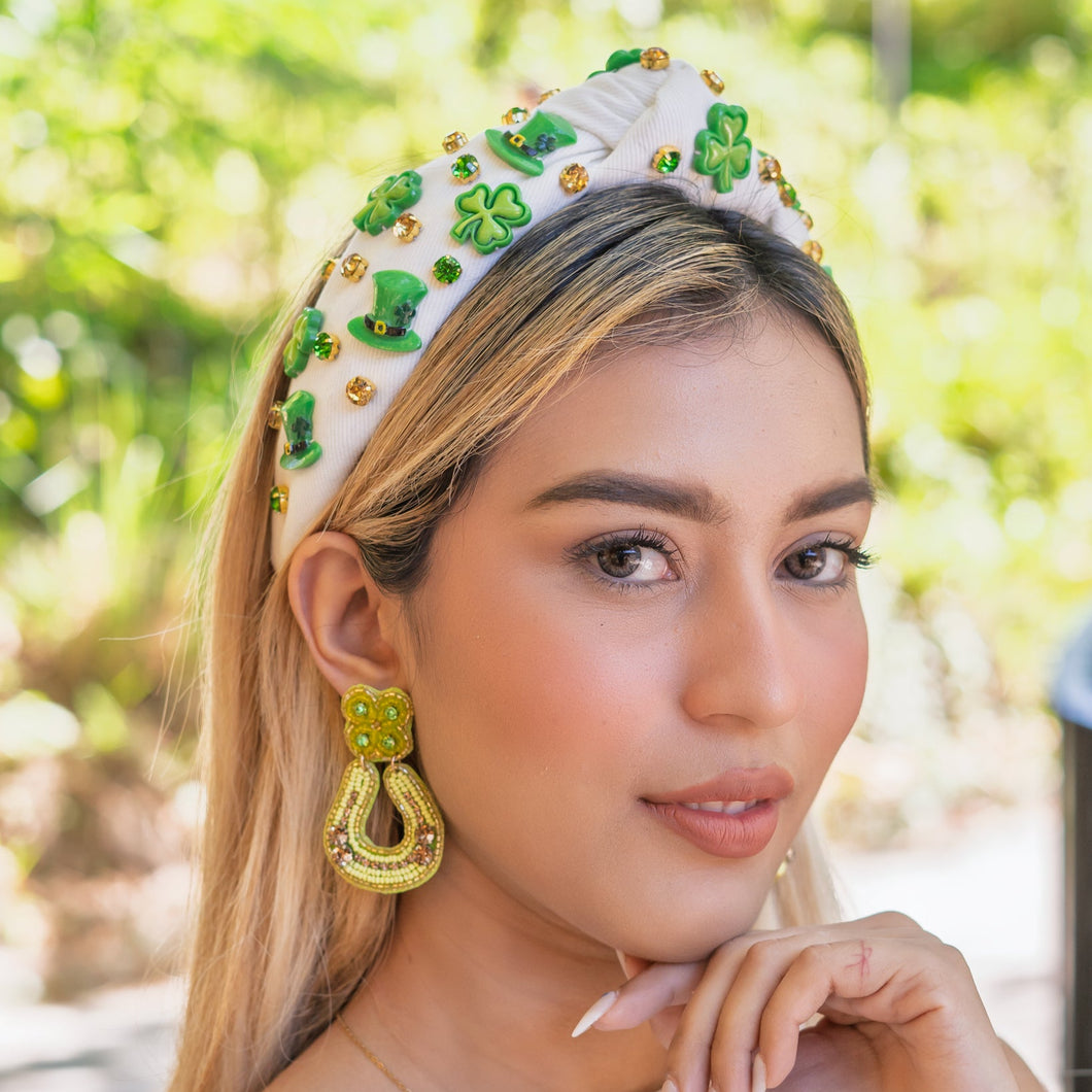 headbands for women, white green knotted headband, St Pats Day, top knot headband, green top knot headband, lucky charm jeweled headband, lucky charm hair band, green Jeweled knot headband, St Patrick’s Jeweled headband, top knotted headband, hand bead knotted headband, Clover leaf hair band for women, St Patrick’s Embellished headband, statement headbands, embellished headband, chic headband, clover leaf knot headband, st paddy’s headband, green hair accessories, four leaf clover headband