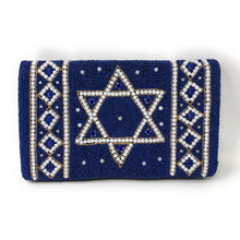 Load image into Gallery viewer, Twine and Love navy blue hand beaded Star of David clutch with pearl and gold embellishments.