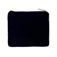 Load image into Gallery viewer, Back view of a navy blue beaded pouch with a plain velvet-style back and gold zipper closure.