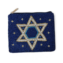 Load image into Gallery viewer, Hand-beaded navy blue pouch featuring a large Star of David design with white, gold, and blue beadwork.