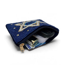 Load image into Gallery viewer, Navy blue beaded pouch with a Star of David design shown open to reveal its spacious interior and gold zipper.