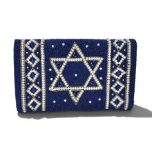 Load image into Gallery viewer, Twine and Love navy blue hand beaded Star of David clutch with pearl and gold embellishments.