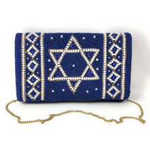 Load image into Gallery viewer, Twine and Love navy blue hand beaded Star of David clutch with pearl and gold embellishments and a removal chain 