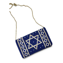 Load image into Gallery viewer, 1. Elegant navy blue Star of David evening clutch with decorative gold chain strap.