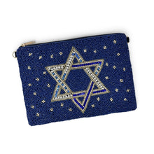 Load image into Gallery viewer, Luxury navy blue hand beaded pouch with a crystal and gold Star of David design and delicate gold accents.