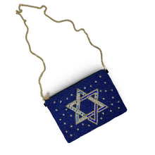 Load image into Gallery viewer, Navy blue Star of David beaded pouch with a detachable gold chain strap, perfect for carrying as a small crossbody bag.