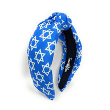 Load image into Gallery viewer, A fabric headband featuring a blue and white Star of David pattern, displayed on a clean white background.