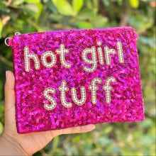 Load image into Gallery viewer, Bright fuchsia sequin cosmetic bag featuring hand-beaded text and sparkling embellishments for a fun, glamorous look.