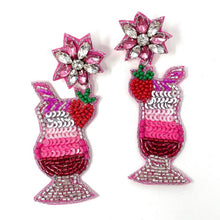 Load image into Gallery viewer, Handcrafted statement earrings shaped like fruity cocktails, adorned with pink sequins, seed beads, and crystal floral studs.