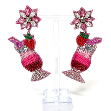 Load image into Gallery viewer, Playful pink cocktail earrings featuring layered beadwork, shimmering sequins, strawberries, and rhinestone flower tops.