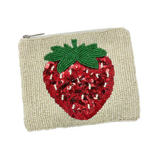 Load image into Gallery viewer, A beaded pouch with a zipper, featuring a vibrant red strawberry with green leaves on a textured beige background. Whimsical and playful design.