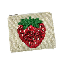 Load image into Gallery viewer, A beaded pouch with a zipper, featuring a vibrant red strawberry with green leaves on a textured beige background. Whimsical and playful design.