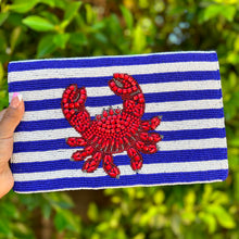 Load image into Gallery viewer, crab beaded clutch purse, blue white bead purse, beaded bag, tropical handbag, beaded bag, resort white blue clutch, birthday gift for her, clutch bag, seed bead purse, engagement gift, party clutches, bridal gift, crab purse, gifts to vacation, resort gifts, wedding gift, evening bags, Summer beaded clutch purse, birthday gift for her, summer clutch, seed bead purse, beaded bag, summer bag, boho purse, crab beaded clutch purse, unique bags, best selling items, handmade gifts, handmade bag purse, navy white