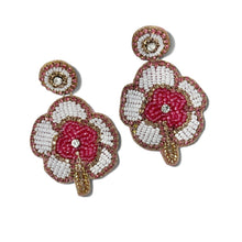 Load image into Gallery viewer, Pair of floral beaded earrings on a white background