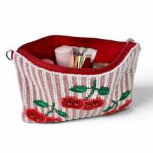 Load image into Gallery viewer, Cute cherry-themed zip pouch with playful beadwork and soft pink stripes