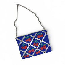 Load image into Gallery viewer, Fun retro-inspired beaded pouch featuring sparkling cherry designs and diamond lattice embroidery for a whimsical aesthetic.