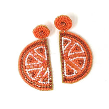 Load image into Gallery viewer, Statement citrus slice earrings with orange and white beadwork