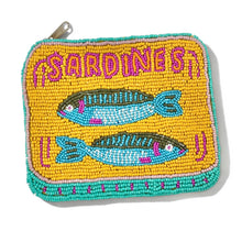 Load image into Gallery viewer, Multicolor sardine zip coin purse with retro Mediterranean aesthetic