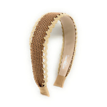 Load image into Gallery viewer, A beige woven headband with a decorative cream lace trim and a beige interior band, shown on a plain white background.