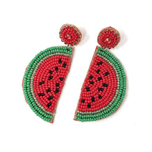 Load image into Gallery viewer, Handmade watermelon wedge earrings with red, green, and black beadwork