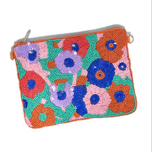 Load image into Gallery viewer, Bright floral accessory pouch with colorful beaded blossoms in shades of orange, blue, pink, and purple.