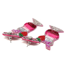 Load image into Gallery viewer, Whimsical drink-themed earrings with pink beaded cocktail glasses, glittering details, and bright red strawberry embellishments.