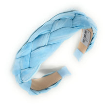 Load image into Gallery viewer, Elegant light blue braided statement headband with a stylish woven pattern and smooth satin-like fabric.