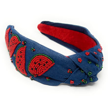 Load image into Gallery viewer, Denim headband with hand-beaded watermelon slice details and colorful knot accent design.