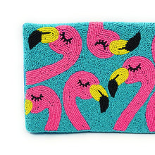 Load image into Gallery viewer, Colorful flamingo beadwork clutch purse perfect for beach vacations and summer outfits.