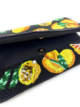 Load image into Gallery viewer, Tropical fruit beaded foldover clutch featuring vibrant citrus embroidery and sequins