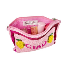 Load image into Gallery viewer, Italian-inspired beaded clutch pouch featuring blush pink beads, glittering sequin borders, and bright lemon embellishments for a playful statement.