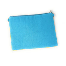 Load image into Gallery viewer, Small artisan beaded pouch with yellow lemon sequins, ocean-blue striped beads, and a fun Mediterranean summer aesthetic.